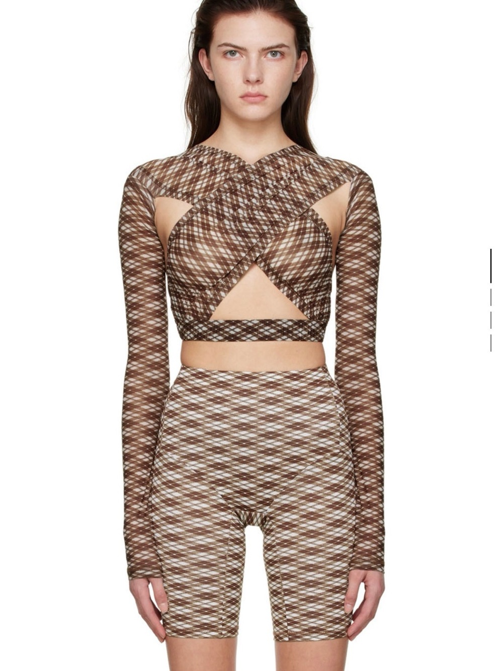 KNWLS Brown Patterned Long-Sleeve Cutout Crop Top — Women's